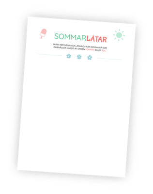 Fin printable för leken Sommarlåtar där deltagarna i lag ska försöka skriva så många låtnamn de kan på 5 minuter där låtarnas texter innehåller orden sommar eller sol.