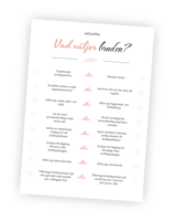 Printable till leken Vad väljer bruden? för möhippor. Denna aktivitet ska gästerna kryssa för vad de tror bruden vill i 8 st antingen eller frågor om önskingar kring bröllopet. Vill hon helst gifta sig i en ubåt eller luftballong och vad tycker hon är värst av att ramla under vigseln eller komma sent? Den blivande bruden och alla deltagare fyller i var sin lapp och sedan får brudens lapp vara facit.