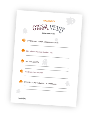 Printable för halloween-leken Gissa vem? Här får deltagarna chansen att dela lite personliga tankar svar på 5 frågor. Sen ska alla gissa vem som skrev vilka svar!
