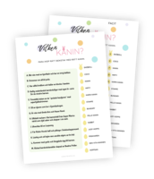 Printable till påskleken 'Vilken kanin?'. I denna lek ska gästerna para ihop 13 kända kaniner med påståenden så som 'Ett av djuren som bor i Sjumilaskogen'. Denna påskfina printable gör det enkelt att leka och har fina små ägg att skriva svaren i.