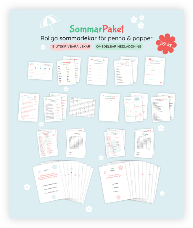 Paket med alla våra 13 printables för sommar. Detta är stenciler som kan skrivas ut för att underlätta förberedelserna inför sommar-festen och midsommar-firandet. Det ingår till exempel en tipsrunda/quiz för både barn och vuxna. Det är bara att skriva ut och leka och där facit behövs ingår detta vilket gör det superenkelt att rätta.