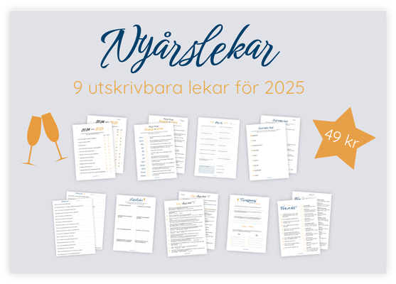 Paket med alla våra 9 printables för nyårsfesten. Detta är stenciler som kan skrivas ut för att underlätta förberedelserna inför din nyårsfest. Det ingår till exempel en charadlek och en quiz. När dessa skrivs ut blir det superenkelt att både leka och rätta.