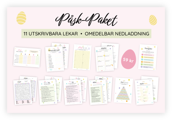 Paket med alla mina 11 printables. Detta är stenciler som kan skrivas ut för att underlätta förberedelserna inför Påsk-festen. Det ingår till exempel en påskquiz och en tärningslek. När dessa skrivs ut blir det superenkelt att både leka och rätta.